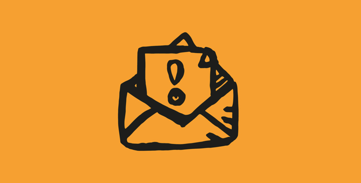 Tecknad illustration av ett brev med ett istoppat papper med ett utropstecken på. Orange bakgrund. 