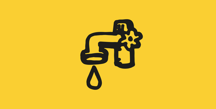Tecknad bild med gul bakgrund på vattenkran med tre vattendroppar