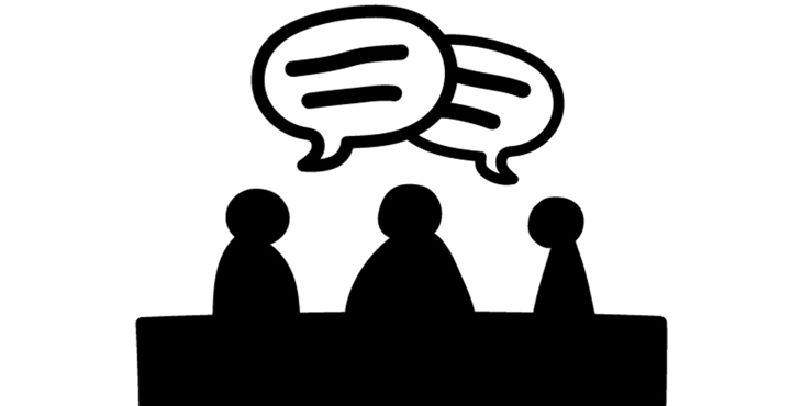 En illustrerad bild på ett svart bord med tre människor runt bordet som för en diskussion