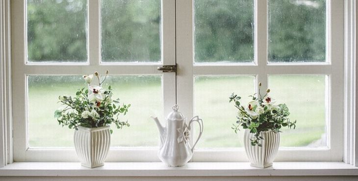 gammalt fönster med två blomkrukor och en kanna