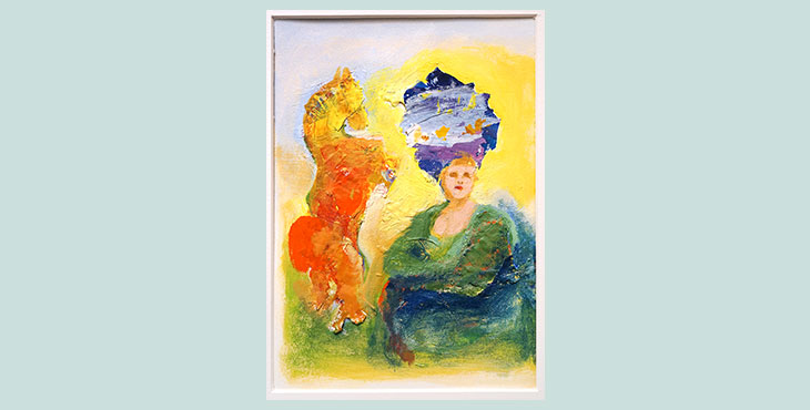 Oljemålning med en färgglad kvinna och en häst