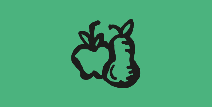 Tecknat äpple och päron med grön bakgrund