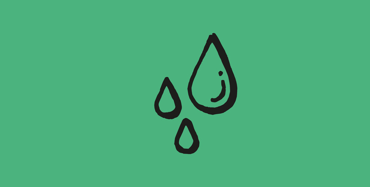 Tre tecknade vattendroppar med grön bakgrund