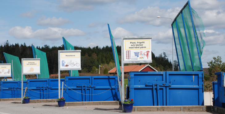 Conteinrar med sorteringsskyltar på återvinningscentralen