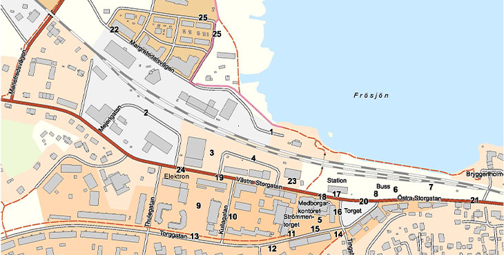 Numrerad karta över parkeringsmöjligheter i Gnesta centrum
