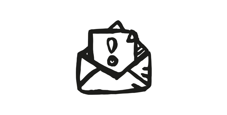 Ett tecknat kuvert med ett istoppat brev med ett frågetecken på.