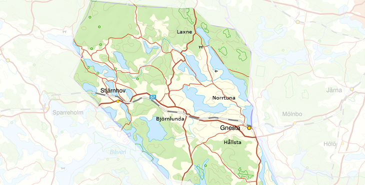 Kartan visar Gnesta kommun med de utmärkta orterna Björnlunda, Stjärnhov, Laxne, Norrtuna och Hållsta