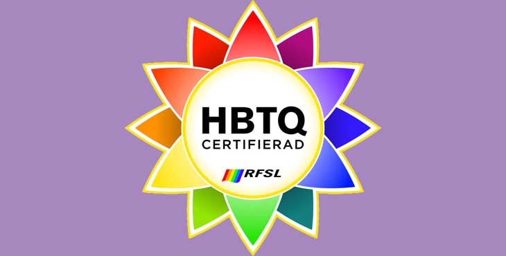 Färgglad logotyp med en stjärna i mitten med orden HBTQ certifierad och RFSL